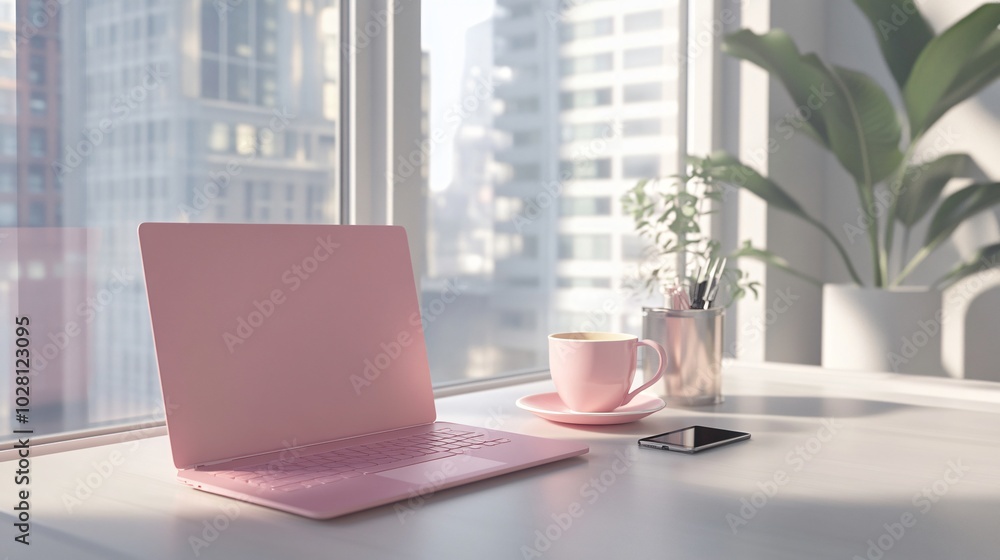 A pink laptop, a cup of coffee and a smartphone on a white table next to a window with a city view.