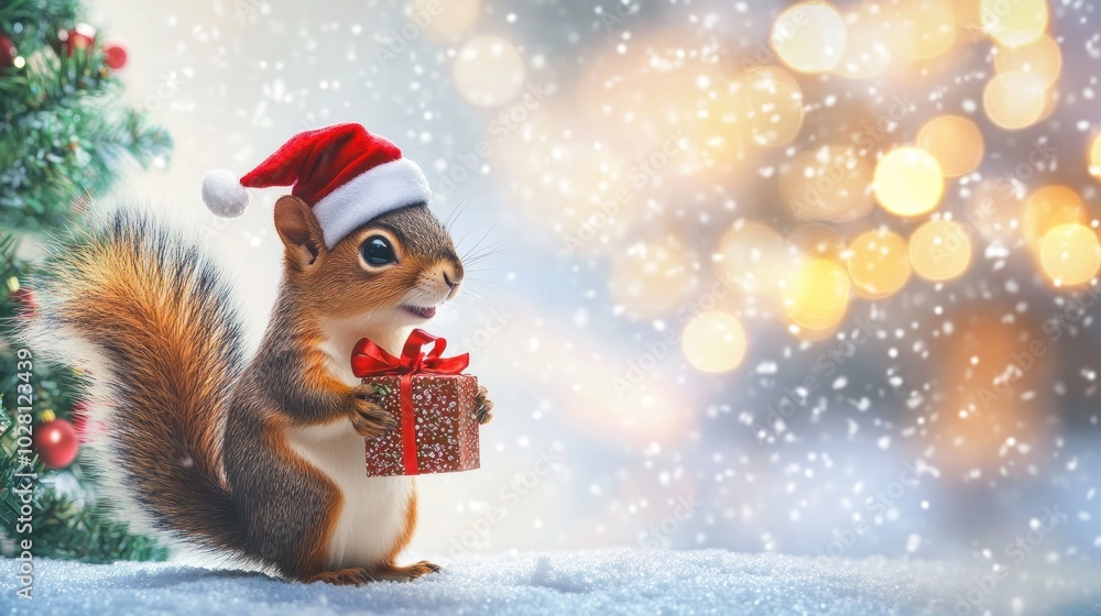 Squirrel in a Santa Hat Holding a Present Squirrel in a Santa Hat Holding a Present