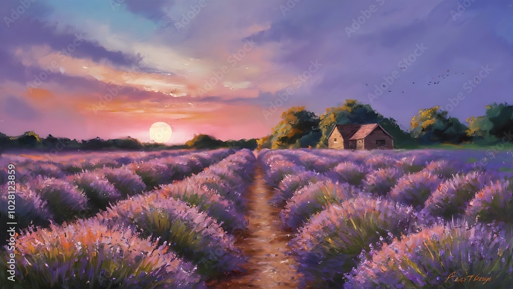 Original oil painting of lavender fields on canvas.Sunset landscape.Modern Impressionism Original oil painting of lavender fields on canvas.Sunset landscape.Modern Impressionism