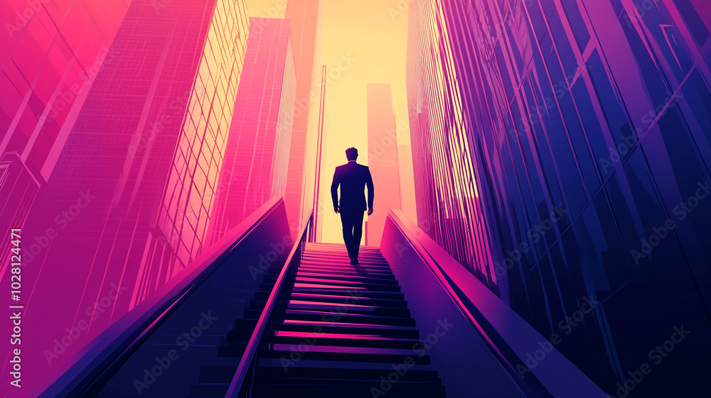 A solitary figure ascends an illuminated staircase in a futuristic cityscape at dusk A solitary figure ascends an illuminated staircase in a futuristic cityscape at dusk