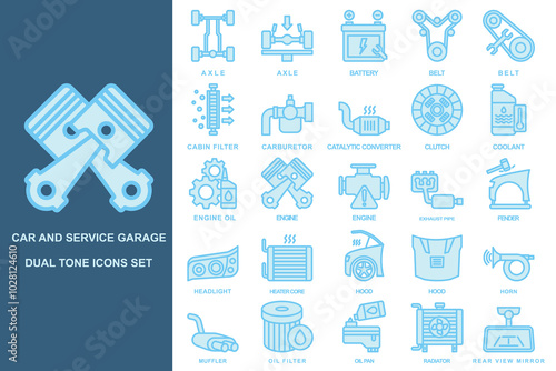 Car and service garage dual tone icons set. contain axle, belt, cabin filter, coolant, engine, oil filter, headlight and more. use for modern concept, web and app development. Vector EPS 10