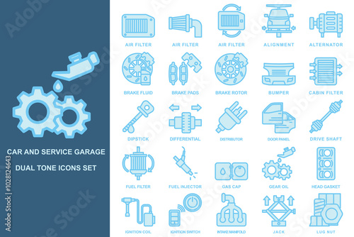 Car and service garage dual tone icons set. contain air filter, alternator, bumper,  gear oil, fuel, cabin filter, injector and more. use for modern concept, web and app development. Vector EPS 10