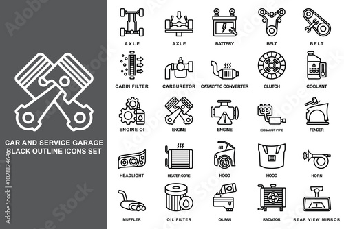 Car and service garage black outline icons set. contain axle, belt, cabin filter, coolant, engine, oil filter, headlight and more. use for modern concept, web and app development. Vector EPS 10