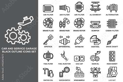 Car and service garage black outline icons set. contain air filter, alternator, bumper,  gear oil, fuel, cabin filter, injector and more. use for modern concept, web and app development. Vector EPS 10