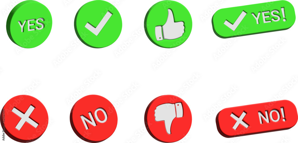 3D Yes and No icons sign collection. 3D Tick and Cross sign. 3D Right and wrong flat symbol vector. 3D Yes and No icons sign collection. 3D Tick and Cross sign. 3D Right and wrong flat symbol vector.