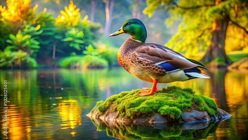 A lone duck perched on a moss-covered rock, surrounded by the tranquility of a placid pond reflecting the soft hues of dawn. A lone duck perched on a moss-covered rock, surrounded by the tranquility of a placid pond reflecting the soft hues of dawn.