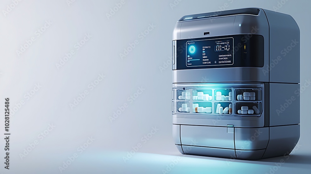 Futuristic Medication Dispenser with Digital Display and Pill Storage Futuristic Medication Dispenser with Digital Display and Pill Storage