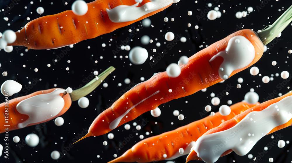 Obraz premium A few juicy orange carrots are flying through the air in drops of mayonnaise. Close-up of carrots covered with sour cream sauce. A delicious natural snack. An organic product. A vegan dish