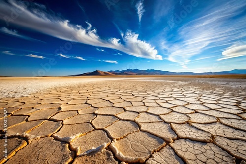 Aerial Tilt-Shift View of a Dry Lake with Cracked Mud Flats and Isolated Salt Patches Against a Clear Blue Sky