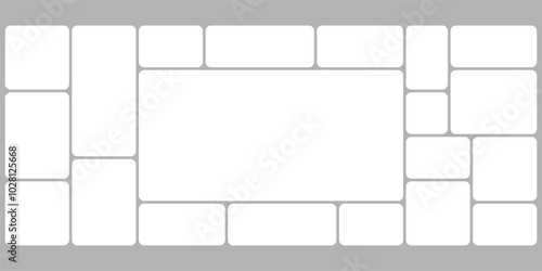 White grid template design, bento box photo frame collage layout. Light mood board mockup horizontal banner. Puzzle mosaic blocks for picture gallery page. Flat graph y2k dashboard presentation slide