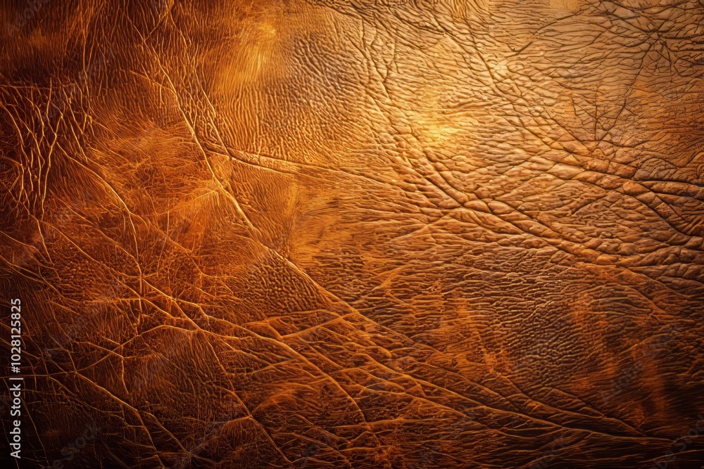 Fototapeta premium Aerial View of Brown Leather Grunge Texture Wallpaper with Glare, Perfect for Backgrounds and Textures in Design Projects