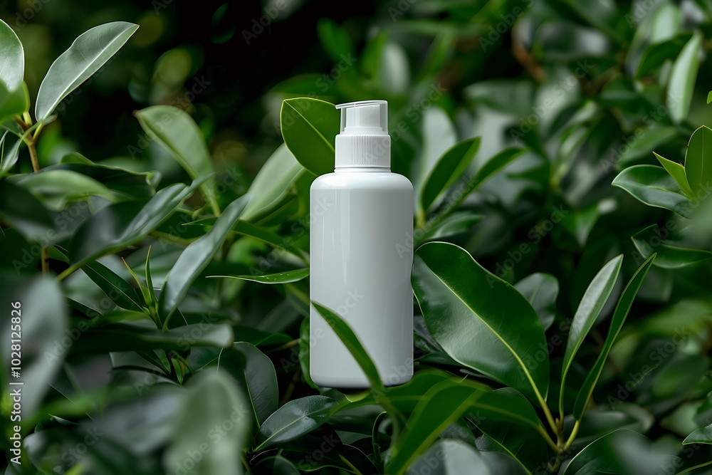 White cosmetic bottle mockup on green leaves background. White cosmetic bottle mockup on green leaves background.