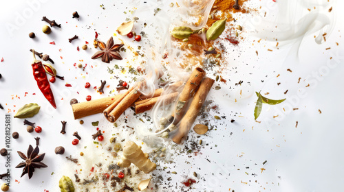Fototapeta Naklejka Na Ścianę i Meble -  Masala tea. Close-up of spices and herbs: cinnamon, ground Spanish pepper, cloves, cardamom, white pepper, nutmeg, chili pepper. Spices are scattered throughout the image