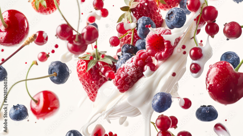 White sour cream is mixed with berry salad. Strawberries, blueberries and raspberries in milk drops. The image is created in a playful and colorful style. A natural organic product White sour cream is mixed with berry salad. Strawberries, blueberries and raspberries in milk drops. The image is created in a playful and colorful style. A natural organic product