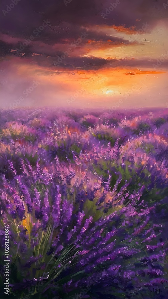 Original oil painting of lavender fields on canvas.Sunset landscape.Modern Impressionism Original oil painting of lavender fields on canvas.Sunset landscape.Modern Impressionism