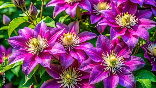 A vibrant cluster of purple flowers with delicate white centers, radiating a delicate beauty amidst lush green foliage.