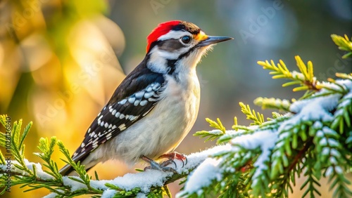 A male Downy Woodpecker perches on a tree limb, surrounded by a serene winter landscape, with a backdrop of lush green cedar trees. Nature's winter beauty.