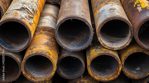 Close-up of large industrial pipes showcasing intricate textures and metallic surfaces. The detailed surface patterns of the pipes, combined with the shadows and highlights, emphasize the rough, 