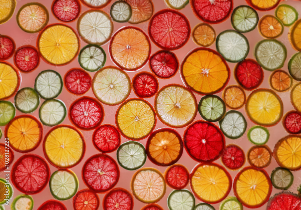 Citrus fruit slices in various shades of red, orange, yellow, and green are laid out on a pink background. Citrus fruit slices in various shades of red, orange, yellow, and green are laid out on a pink background.