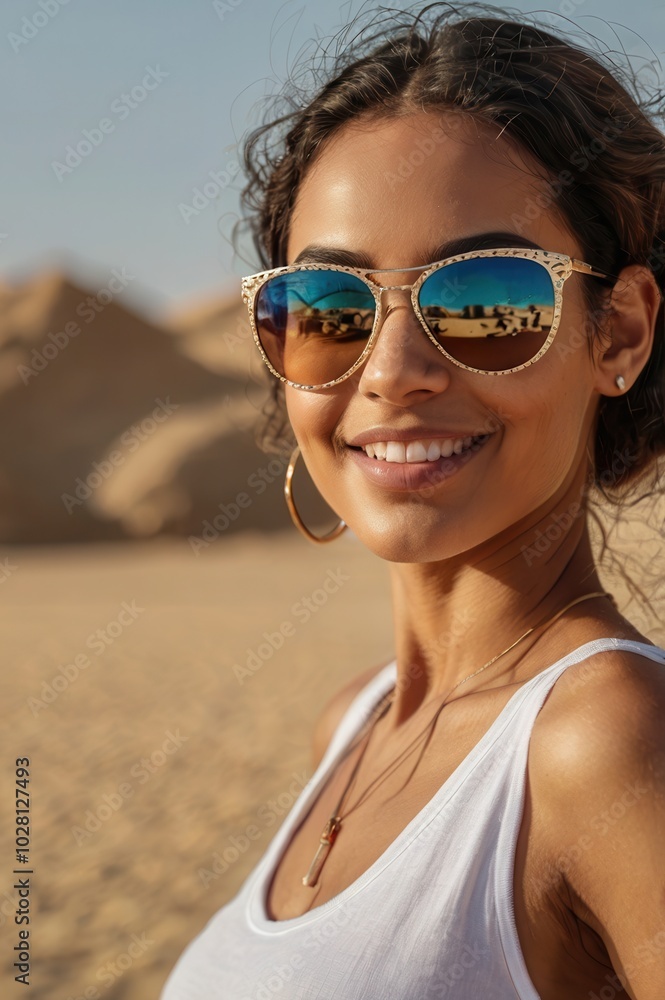 Woman in white top, wearing blue sunglasses, smiling in arid desert landscape Woman in white top, wearing blue sunglasses, smiling in arid desert landscape