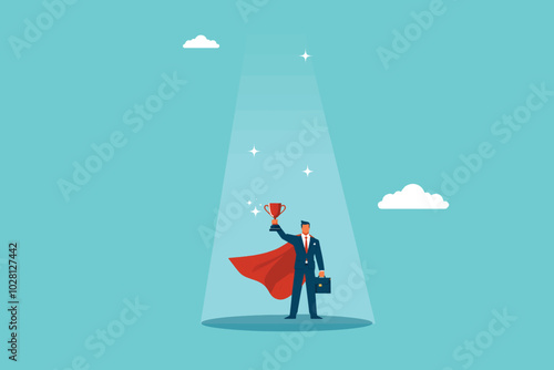 businessman superhero standing confident holding trophy with shining spotlight