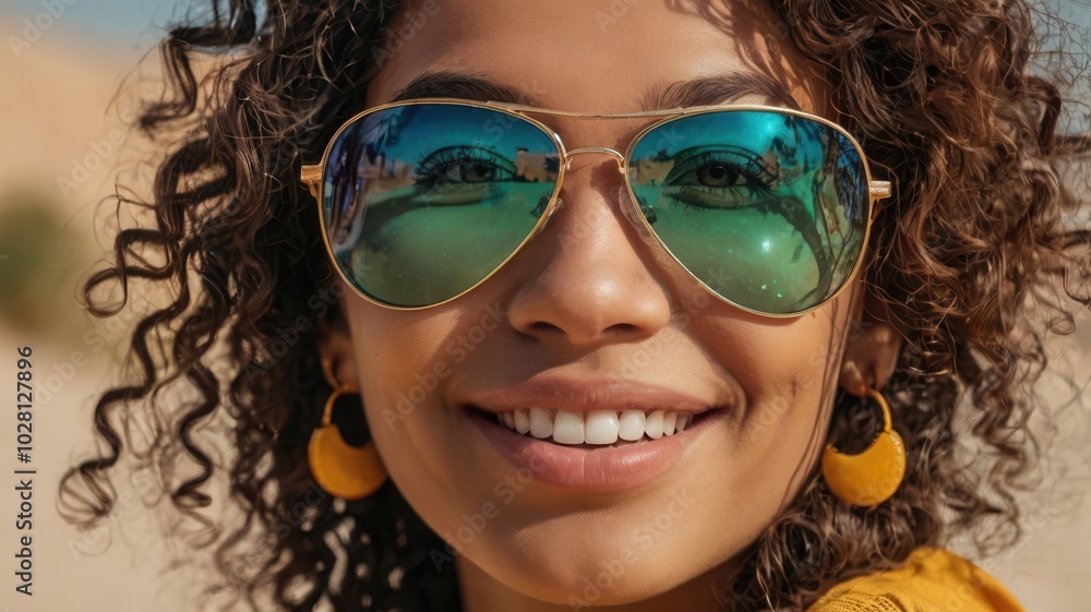Young woman with curly hair wearing large sunglasses, smiling in sunny outdoor scene Young woman with curly hair wearing large sunglasses, smiling in sunny outdoor scene