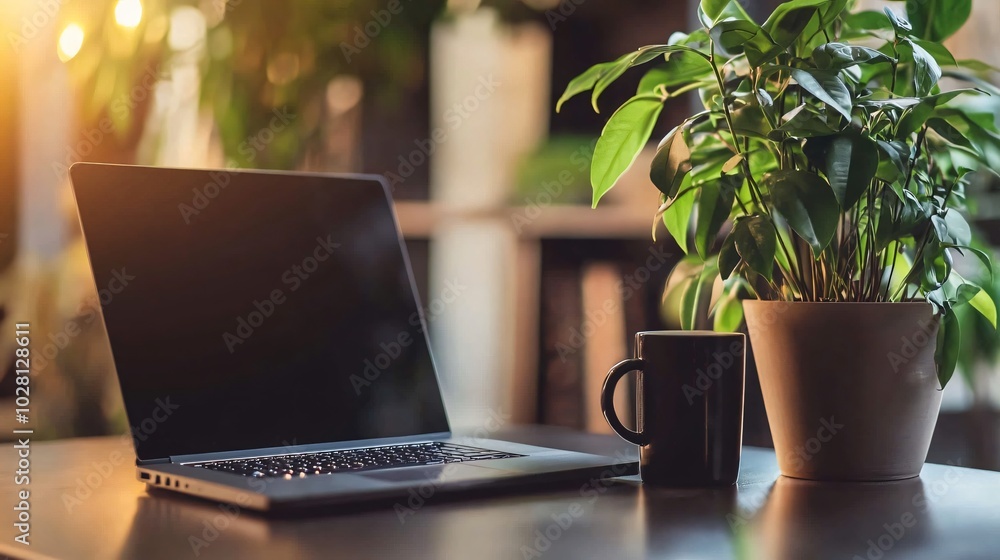 Close up of a laptop, a cup of coffee and a green plant on a wooden table. Close up of a laptop, a cup of coffee and a green plant on a wooden table.