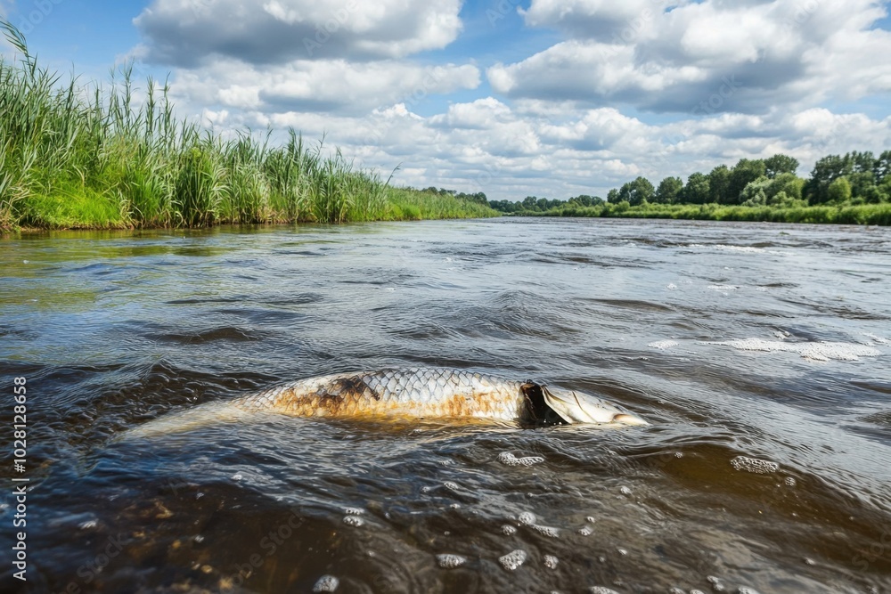 Obraz premium Dead fish floating in river with reeds