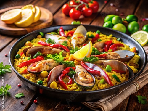 Authentic Spanish Paella Close-Up - A Culinary Delight of Vibrant Colors and Fresh Ingredients for Food Lovers