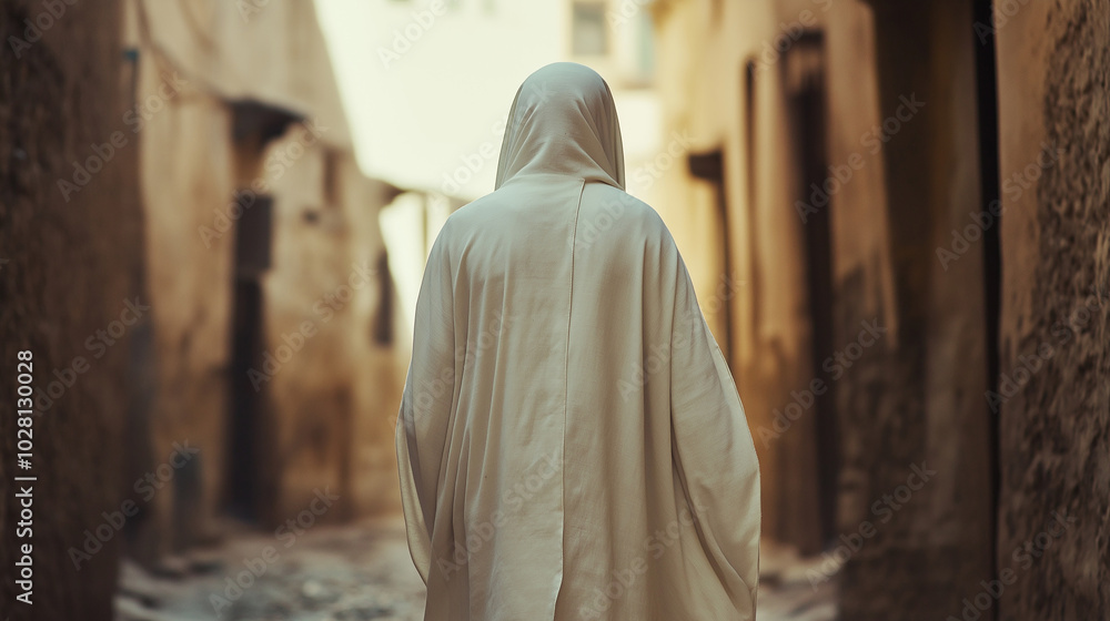 Man wearing a white jellaba, walking through the ancient streets of Marrakech Man wearing a white jellaba, walking through the ancient streets of Marrakech