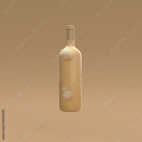 Elegant levitate wine bottle with label on yellow background. Modern cover design. 3d illustration.