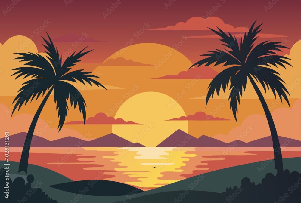 Tropical Sunset Beach Vector Illustration - Palm Trees and Ocean Scene
Tropical Sunset Beach Vector Illustration - Palm Trees and Ocean Scene