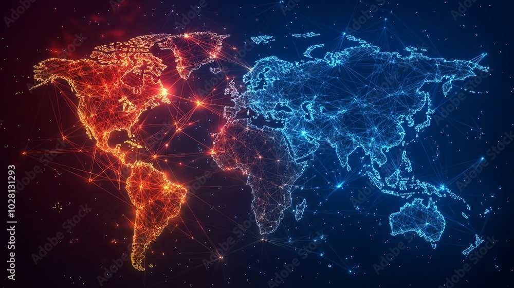 A Global Network of Interconnected Lines and Points Depicting the World Map A Global Network of Interconnected Lines and Points Depicting the World Map