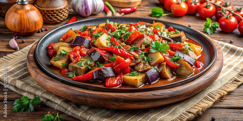 A rustic wooden plate with a hearty stew of eggplant, red peppers, and tomatoes, garnished with fresh parsley, resting on a striped fabric napkin A rustic wooden plate with a hearty stew of eggplant, red peppers, and tomatoes, garnished with fresh parsley, resting on a striped fabric napkin