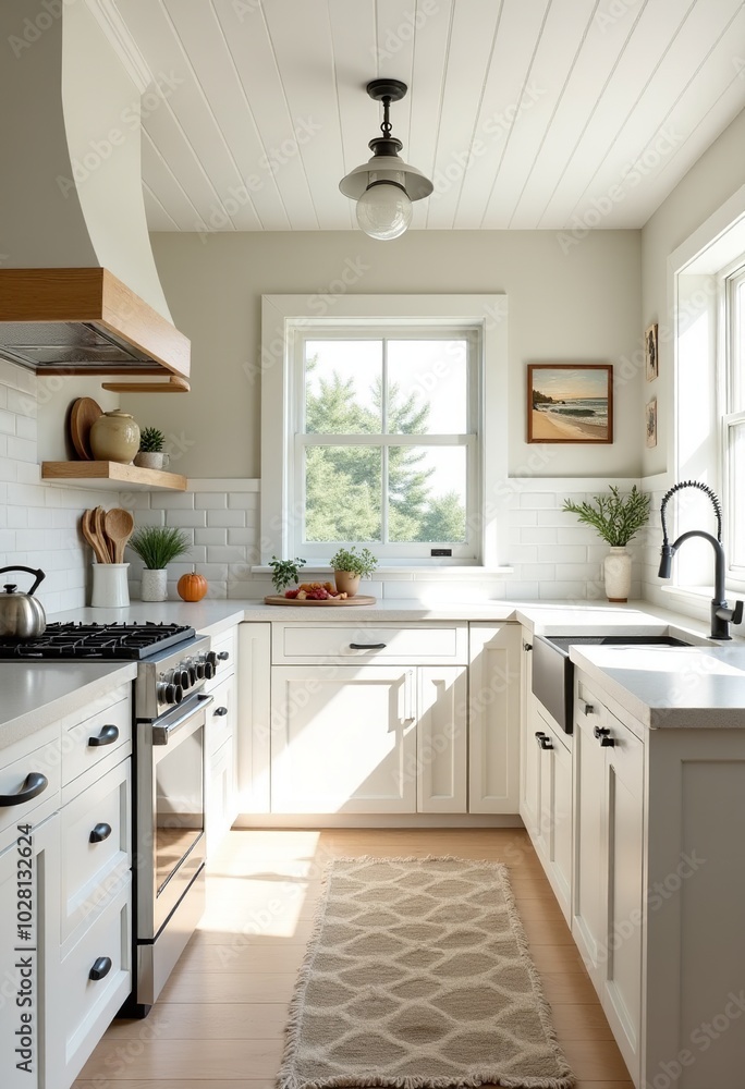 Fototapeta premium Elegant Coastal Kitchen Design: White Cabinets, Sandy Tones, and Bright Accents for a Relaxed Vibe