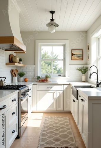 Elegant Coastal Kitchen Design: White Cabinets, Sandy Tones, and Bright Accents for a Relaxed Vibe