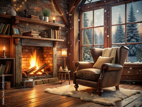 Cozy Armchair by Fireplace with Book and Candle - Perfect Winter Retreat Scene photo