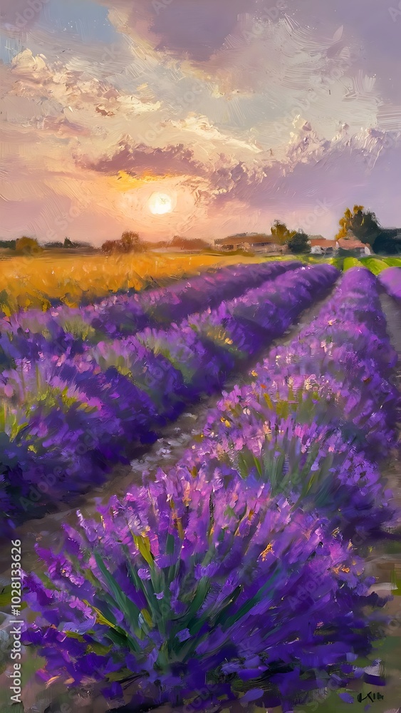 Obraz premium Original oil painting of lavender fields on canvas.Sunset landscape.Modern Impressionism