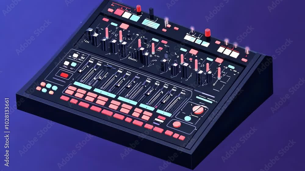 A black synthesizer with red and blue knobs sits against a blue background A black synthesizer with red and blue knobs sits against a blue background