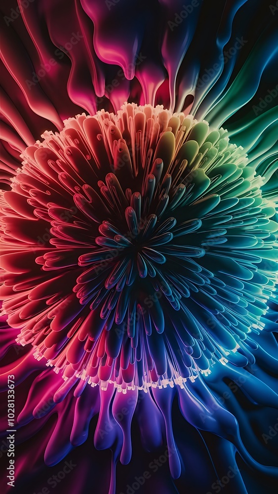 Obraz premium Dynamic fluid gradient techno sphere. Mesmerizing 3D effect sphere pulsating with vibrant colors, blending light and shadows for captivating and futuristic visual spectacle