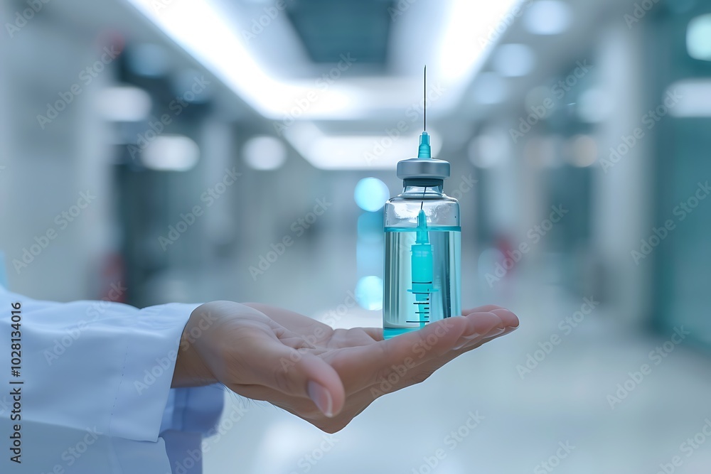 Hand in medical glove holding syringe with vaccine in hospital corridor. Hand in medical glove holding syringe with vaccine in hospital corridor.