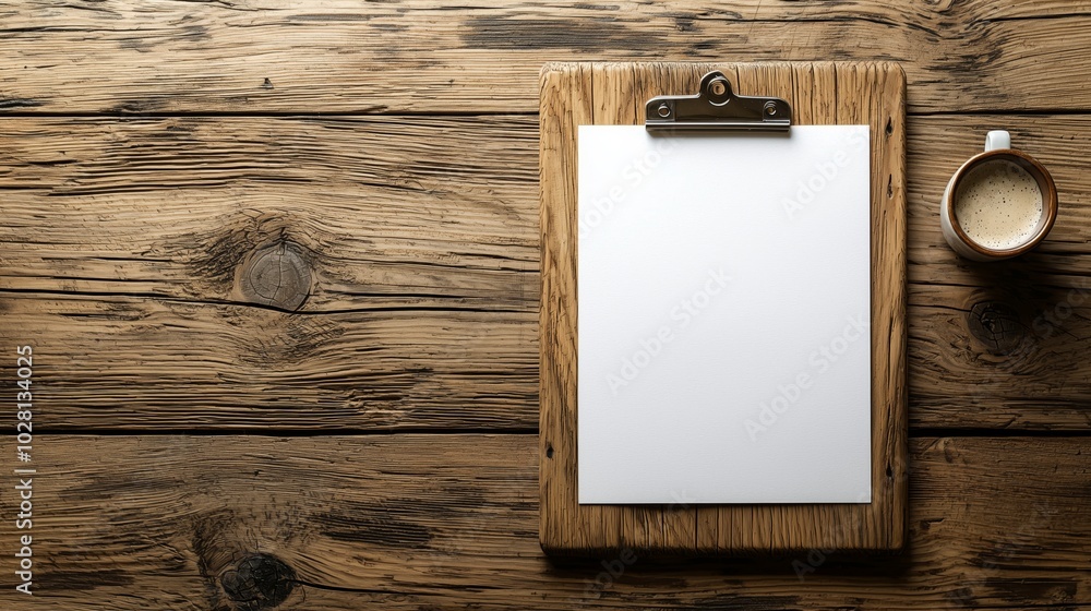 Simple Clipboard on Wooden Desk with Coffee Cup Simple Clipboard on Wooden Desk with Coffee Cup