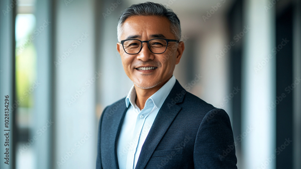 A man in a suit smiles confidently while standing in a modern office corridor during daylight A man in a suit smiles confidently while standing in a modern office corridor during daylight