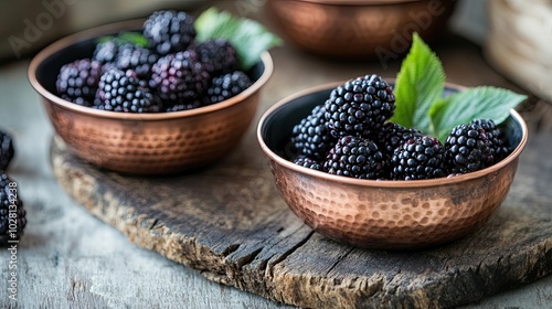 Fresh Blackberries in Vintage Copper Dishes on Rustic Boards: Rustic Presentation of Fresh Blackberries in Vintage Copper Dishes, Perfect for Culinary and Farm-to-Table Themes.