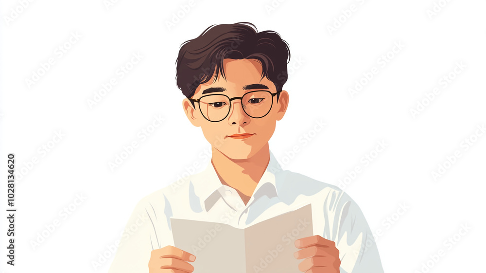 Young man reading attentively while holding a booklet in a bright, minimalistic setting Young man reading attentively while holding a booklet in a bright, minimalistic setting
