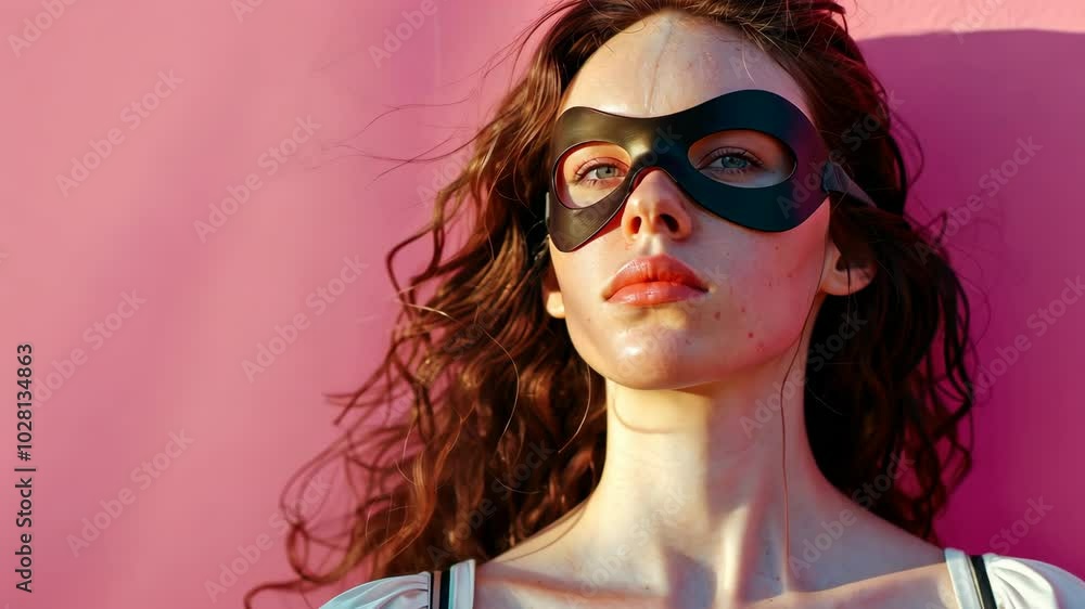 A woman with long, brown, curly hair wearing a black eye mask stands against a pink background A woman with long, brown, curly hair wearing a black eye mask stands against a pink background