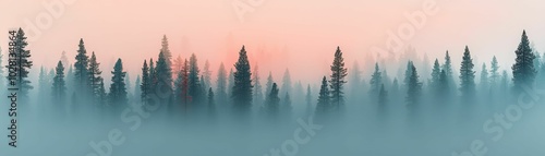 A misty forest scene at sunrise, with tall pine trees fading into the soft pastel-colored sky, creating a calm and peaceful atmosphere..