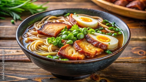 Aromatic Broth with Tender Pork, Delicate Noodles, and Vibrant Green Peas, Topped with Soft-Boiled Eggs