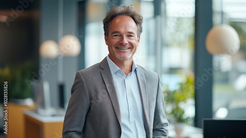 Professional man smiling in modern office setting during daytime with natural light streaming in