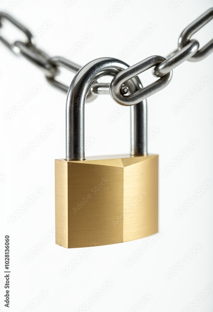 Shiny Brass Padlock with Silver Chain: A Close-Up on Security Design, High Contrast, and Minimalist Aesthetics Shiny Brass Padlock with Silver Chain: A Close-Up on Security Design, High Contrast, and Minimalist Aesthetics